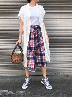 「UNIQLO（ユニクロ）のリネンブレンドロングシャツ（半袖）（シャツ/ブラウス）」を使った、kaorinnさん（レディース・157cm）の夏コーディネート