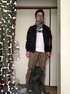 「Alpha Industries（アルファインダストリーズ）のアイテム（バッグ）」を使った、 ucさん（メンズ・159cm）の冬コーディネート