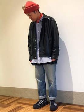 「tk.TAKEO KIKUCHI（ティーケータケオキクチ）のアイテム（ライダースジャケット）」を使った、so-yaさん（メンズ・169cm）の冬コーディネート