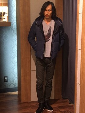 「フェザー」｜「アイテム（ダウンジャケット/コート）」を使った、Suguru Yoshizakiさん（メンズ・178cm）の秋コーディネート