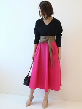 「Noble（ノーブル）のWタイプライターフレアースカート◆（スカート、ピンク系）」を使った、yumiさん（レディース・158cm）の秋コーディネート