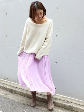 「Noble（ノーブル）の*ポリエステルシフォンプリーツキャミワンピース◆（ワンピース、パープル系）」を使った、yumiさん（レディース・158cm）の秋コーディネート
