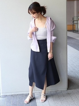 「Noble（ノーブル）の80リネンシャツ◆（シャツ/ブラウス、パープル系）」を使った、yumiさん（レディース・158cm）の春コーディネート
