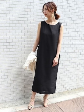 「Noble（ノーブル）のサイドボタン Iラインワンピース◆（ワンピース、ブラック系）」を使った、yumiさん（レディース・158cm）の春コーディネート