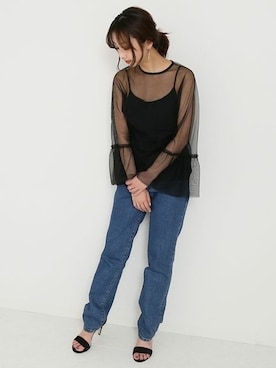 「Noble（ノーブル）の【ONLY HEARTS】 ベルスリーブTOP◆（シャツ/ブラウス、ブラック系）」を使った、yumiさん（レディース・158cm）の春コーディネート
