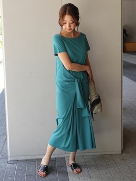 「Noble（ノーブル）の*ウエストリボンカットワンピース◆（ワンピース、グリーン系）」を使った、yumiさん（レディース・158cm）の夏コーディネート