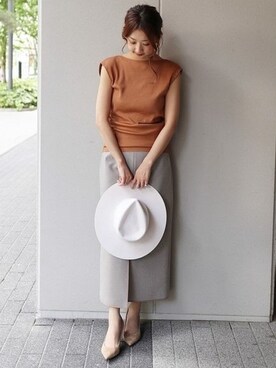 「Noble（ノーブル）のシャイニーリブカシュクールプルオーバー◆（Tシャツ/カットソー、イエロー系）」を使った、yumiさん（レディース・158cm）の夏コーディネート