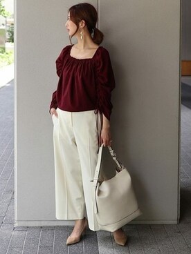 「Noble（ノーブル）のシフォンルーシングブラウス◆（シャツ/ブラウス、レッド系）」を使った、yumiさん（レディース・158cm）の夏コーディネート