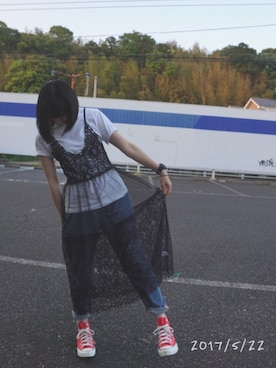 「LACOSTE（ラコステ）のLACOSTE/ラコステ クルーネック半袖Tシャツ（Tシャツ/カットソー、ホワイト系）」を使った、asako*さん（レディース・158cm）の春コーディネート