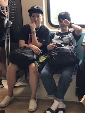 「THRASHER（スラッシャー）のWEGO/THRASHERラップトップバックパック（バックパック/リュック、ブラック系）」を使った、asako*さん（レディース・158cm）の夏コーディネート