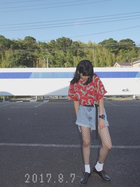 「usedのアイテム（Tシャツ/カットソー、レッド系）」を使った、asako*さん（レディース・158cm）の夏コーディネート