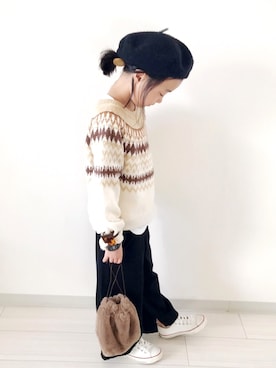 「スリットパンツ」｜「アイテム（ハンチング/ベレー帽）」を使った、miyuuu.さん（キッズ・120cm）の冬コーディネート