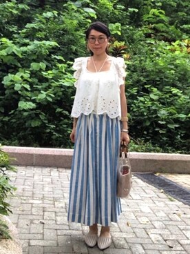 「blue」｜「アイテム（トートバッグ）」を使った、Yukki Liさん（レディース・158cm）の夏コーディネート