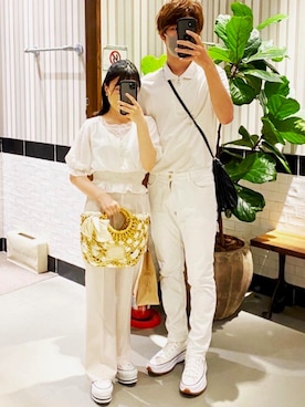 「H&M（エイチ・アンド・エム）のアイテム（ポロシャツ、ホワイト系）」を使った、RICさん（メンズ・177cm）の秋コーディネート