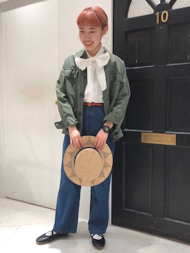 「麦わら帽子」｜「アイテム（ミリタリージャケット）」を使った、Dot＆Stripes CHILDWOMANさん（レディース・160cm）の春コーディネート