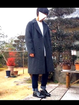 「学校」｜「アイテム（チェスターコート）」を使った、ゆーーうさん（メンズ・171cm）の冬コーディネート