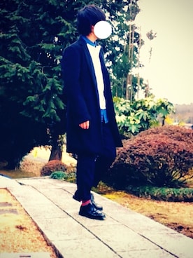 「ノーカラージャケット」｜「アイテム（チェスターコート）」を使った、ゆーーうさん（メンズ・171cm）の冬コーディネート