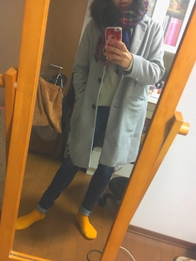 「チェックマフラー」｜「アイテム（チェスターコート）」を使った、PAMU.さん（レディース・158cm）の冬コーディネート