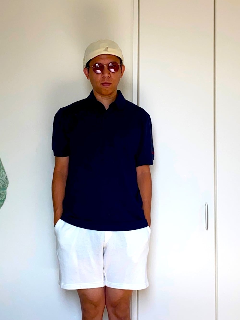 「帽子、ハンチング、ショートパンツ、ポロシャツ」｜「KANGOLのアイテム（ハンチング/ベレー帽、ホワイト系）」を使った、mizsyさん（メンズ・172cm）の夏コーディネートの1枚目の写真