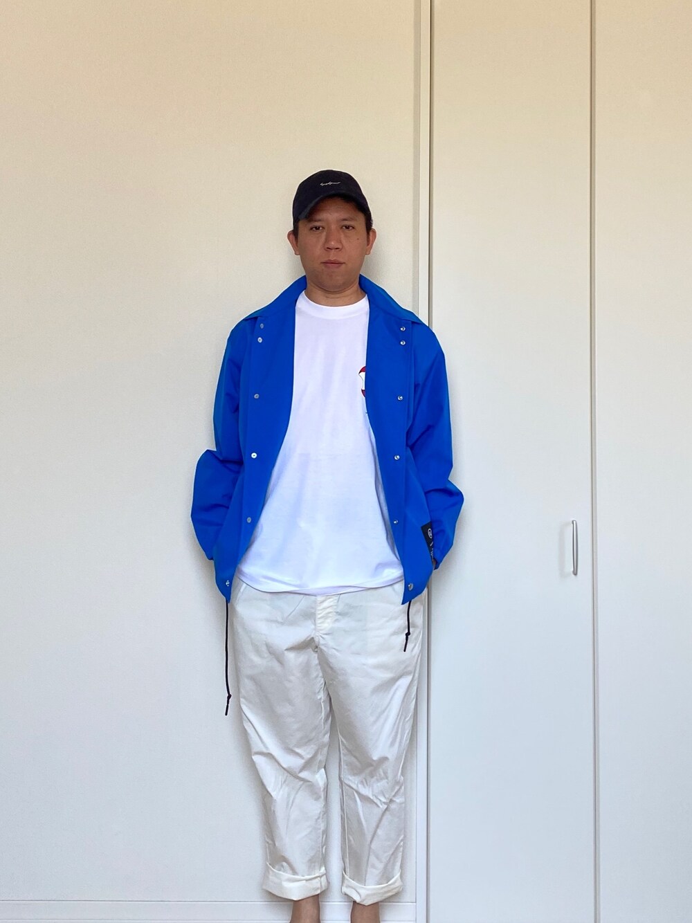 「キャップ、ファストファッション、プチプラ、春コーデ」｜「Yohji Yamamoto POUR HOMMEのNEW ERA別注（キャップ、ブルー系）」を使った、mizsyさん（メンズ・172cm）の春コーディネートの1枚目の写真