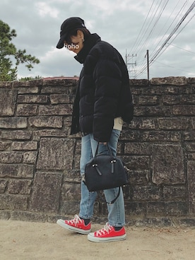 「ZOZO（ゾゾ）のスリムテーパードデニムパンツ［WOMEN］（デニムパンツ）」を使った、hoho𓆸さん（レディース・155cm）の冬コーディネート