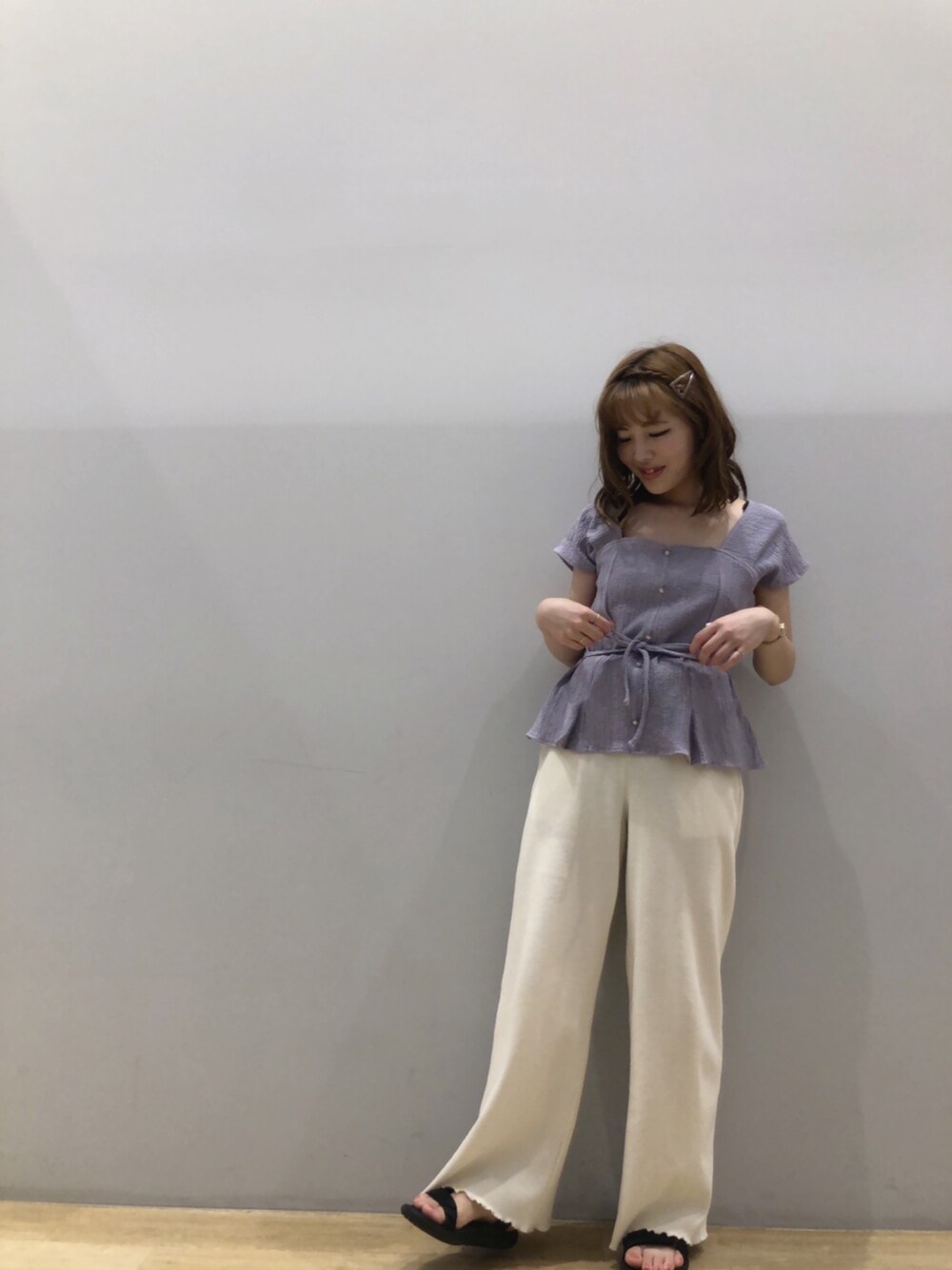 「夏、夏コーデ、ワッフルパンツ、ワイドパンツ、earth music&ecology、低身長、スポサン、teva」｜「wearsのアイテム（トップス、パープル系）」を使った、なぽんさん（レディース・150cm）の夏コーディネートの1枚目の写真