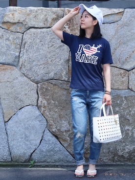 「Tシャツ×デニム」｜「アイテム（ビーチサンダル）」を使った、giseさん（レディース・159cm）の夏コーディネート
