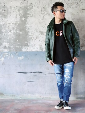 「NO ID.（ノーアイディ）のアイテム（ライダースジャケット）」を使った、giseさん（メンズ・170cm）の秋コーディネート
