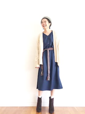 「Vネックワンピース」｜「アイテム（ハンチング/ベレー帽）」を使った、maruさん（レディース・151cm）の冬コーディネート