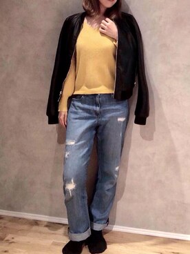 「おうちスタイル」｜「アイテム（ライダースジャケット）」を使った、Atsukoさん（レディース・155cm）の春コーディネート