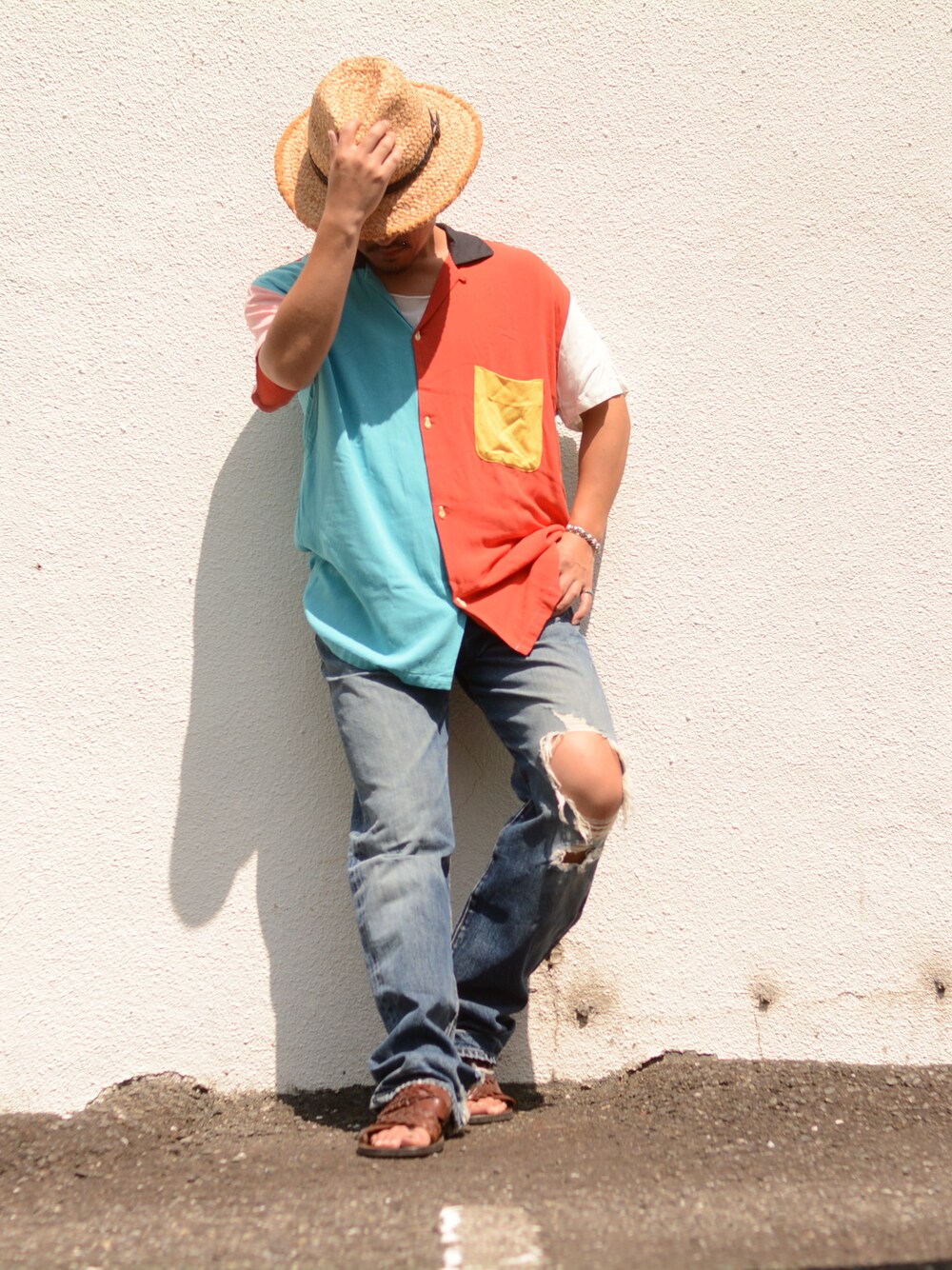 「古着、used、ストリート、サンダル、ターコイズ、handmade、ボーリングシャツ、Levis、セレクトショップ(jeudi)」｜「USED&VINTAGE Levi's Vintage Clothing ボーリングシャツ（シャツ/ブラウス、その他）」を使った、(jeudi)さん（メンズ・170cm）の夏コーディネートの1枚目の写真