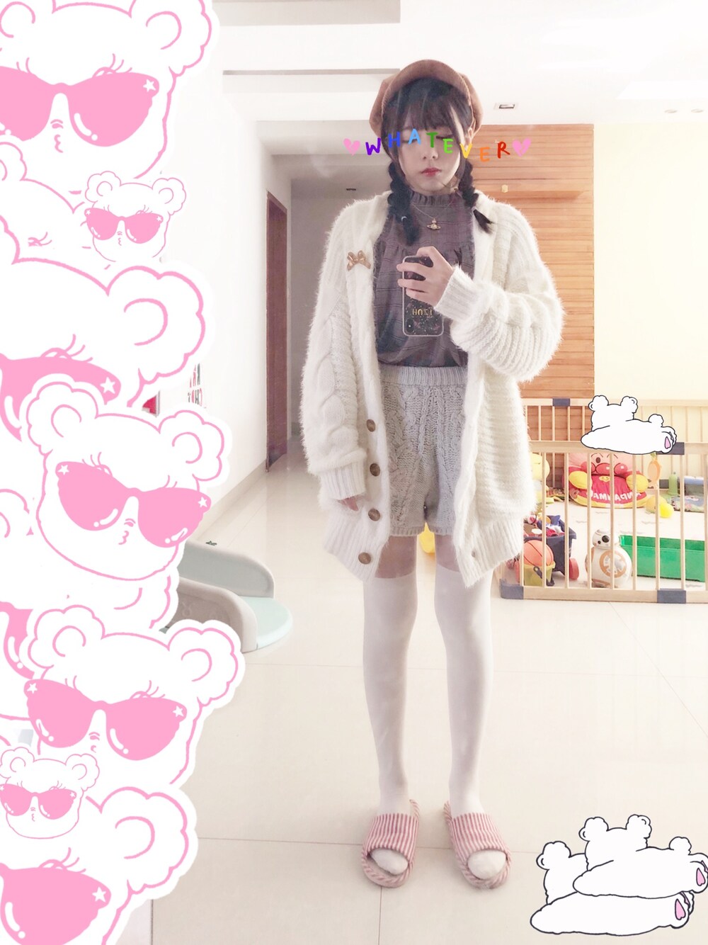 「冬、dazzlin、nature、girl、自宅、可愛い、WEGO、帽子」｜「dazzlinのざっくりケーブルミドルカーディガン（カーディガン/ボレロ、ホワイト系）」を使った、胡子子大王さん（レディース・158cm）の冬コーディネートの1枚目の写真