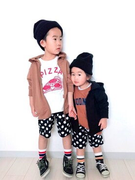 「devirock（デビロック）の全20柄 プリント半袖Tシャツ（Tシャツ/カットソー）」を使った、Ruu...さん（キッズ・80cm）の春コーディネート