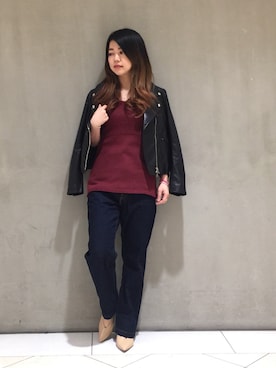 「red」｜「アイテム（ライダースジャケット）」を使った、Chie Ikeharaさん（レディース・157cm）の春コーディネート
