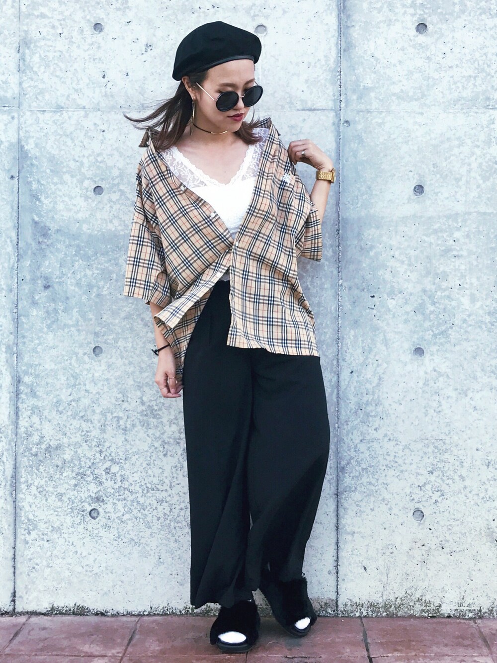 「メンズライク、ゆるコーデ、韓国ファッション、チェックシャツ、ワイドパンツ、murua、burberry、dazzlin、EVRIS 、GU」｜「MURUAのマッシュルームベレー（ハンチング/ベレー帽、ブラック系）」を使った、yuiasaさん（レディース・153cm）の秋コーディネートの1枚目の写真