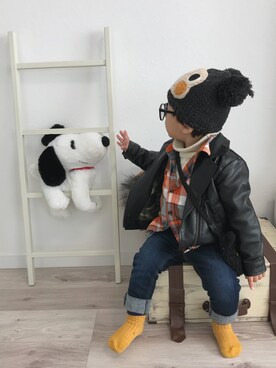 「アイテム（ライダースジャケット、ブラック系）」を使った、あゆとっちさん（キッズ・90cm）の冬コーディネート