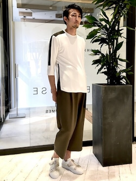 「5351 POUR LES HOMMES（ゴーサンゴーイチプールオム）の【20SS新作】サイドジップ異素材プルオーバー（Tシャツ/カットソー、ホワイト系）」を使った、HIRO-Tさん（メンズ・178cm）の春コーディネート