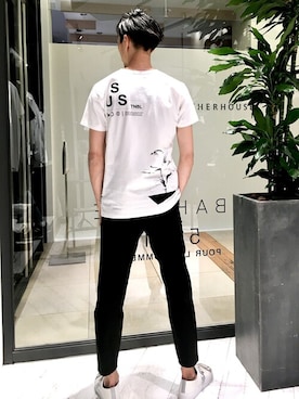 「5351 POUR LES HOMMES（ゴーサンゴーイチプールオム）の【20SS】サスティナブル・タイポ　Tシャツ（Tシャツ/カットソー、ホワイト系）」を使った、HIRO-Tさん（メンズ・178cm）の夏コーディネート