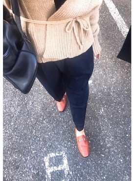 「select MOCA（セレクトモカ）の柔らかく履きやすいフェイクレザーゴールドビット付きローファー（ローファー）」を使った、ma.rtnさん（レディース・153cm）の秋コーディネート