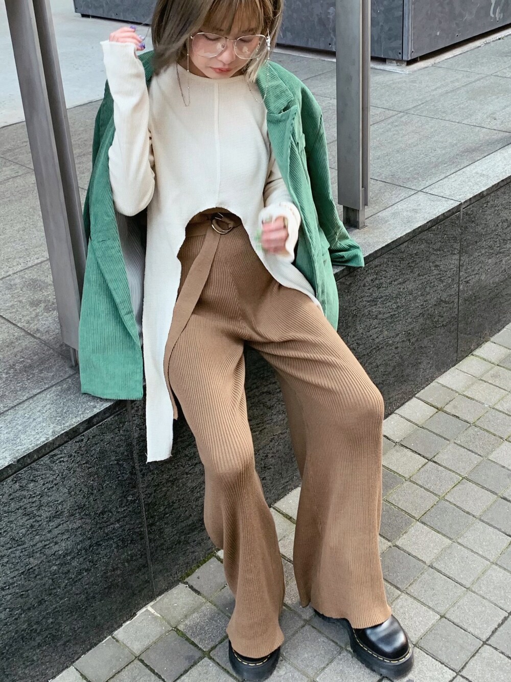「春コーデ、オトナカジュアル、ゆるコーデ、低身長、シンプル、EMODA、テーラードジャケット、オールインワン、ワッフル、Littlesuzie」｜「JETRAGのアイテム（テーラードジャケット、グリーン系）」を使った、yukari_riraさん（レディース・155cm）の春コーディネートの1枚目の写真