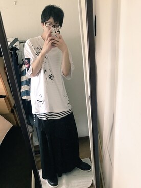 「KINGLYMASKのアイテム（Tシャツ/カットソー、ホワイト系）」を使った、X_X.さん（メンズ・160cm）の夏コーディネート