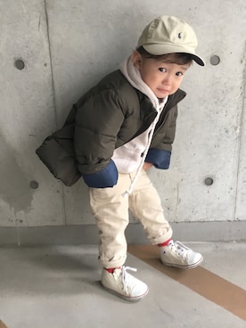 「H&M（エイチ・アンド・エム）のアイテム（ダウンジャケット/コート）」を使った、eitaさん（キッズ・80cm）の冬コーディネート