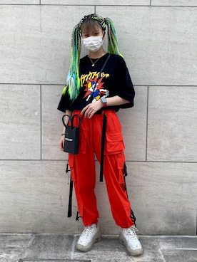 「原宿」｜「アイテム（カーゴパンツ）」を使った、タニ  リオナさん（レディース・161cm）の夏コーディネート