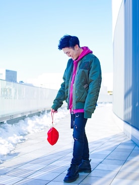 「DIESEL（ディーゼル）のアイテム（MA-1）」を使った、HIROKIさん（メンズ・166cm）の冬コーディネート