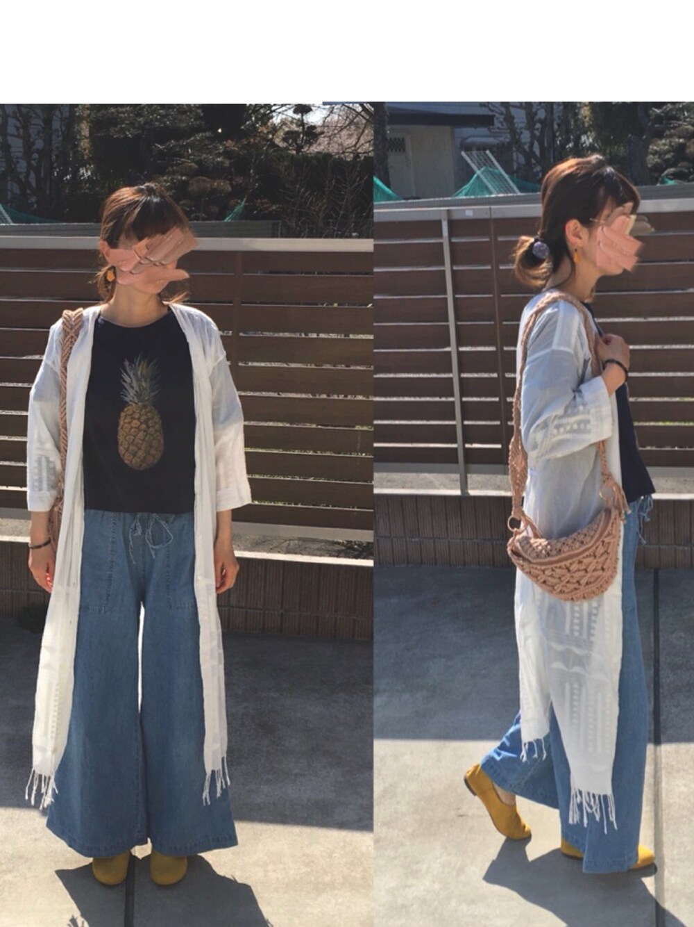 ブラウン系のボディバッグ/ウエストポーチ、ブルー系のTシャツ/カットソー、ホワイト系のシャツワンピースを着用したレディースの春コーディネートの1枚目の写真