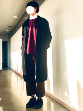 「ワインレッド」｜「アイテム（ステンカラーコート）」を使った、makishiさん（メンズ・183cm）の冬コーディネート
