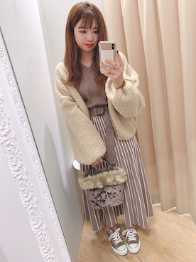 「natural couture（ナチュラルクチュール）の配色ニットプリーツワンピース（ワンピース）」を使った、かなみさん（レディース・156cm）の秋コーディネート