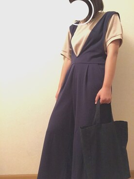 「ワッフルクルーネックＴ」｜「アイテム（オールインワン・サロペット）」を使った、m ◎さん（レディース・157cm）の夏コーディネート