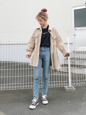「MOUSSY（マウジー）のMVS SKINNY（デニムパンツ）」を使った、Nanamiさん（レディース・155cm）の秋コーディネート