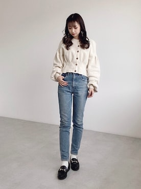 「MOUSSY（マウジー）のMVS SKINNY（デニムパンツ）」を使った、Nanamiさん（レディース・155cm）の秋コーディネート